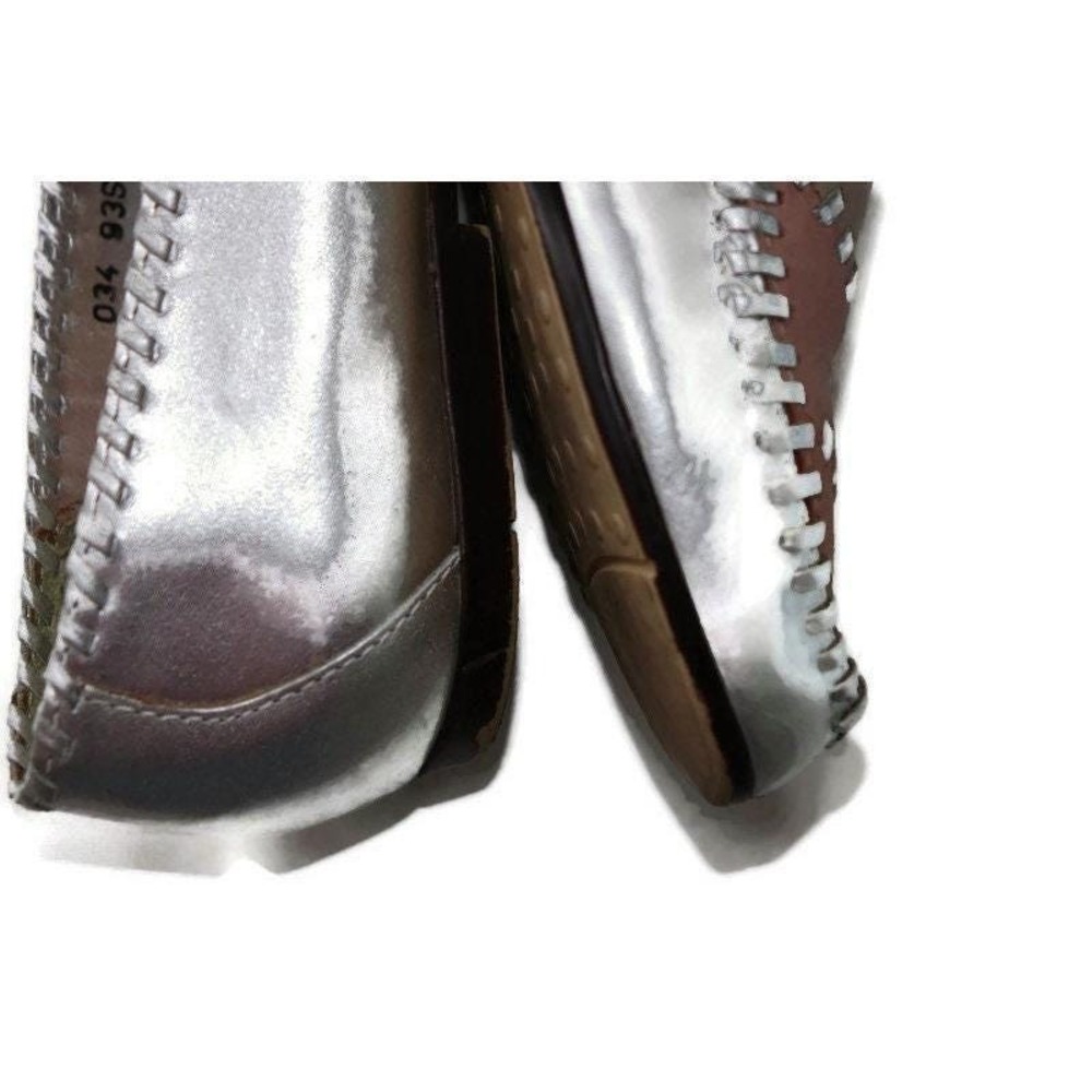Mixed Blues Patchwork Loafers Women 6M Metallic Silver Whipstitch Flat Slip On - Picture 9 of 9